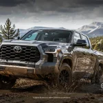 Mud-splattered gray Toyota pickup driving on a rocky dirt trail with mountains in the background. Branding: AUTOTROPICAL and Toyota.
