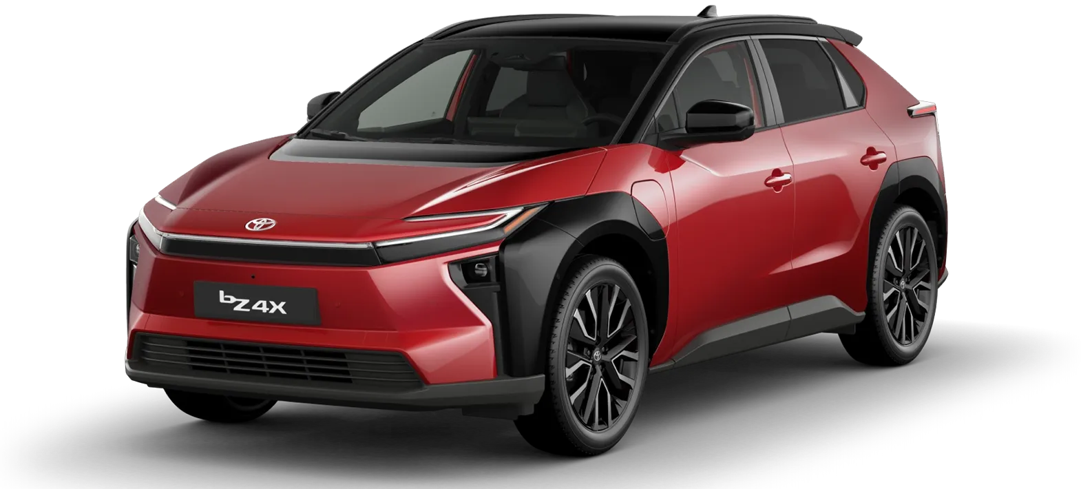 Front-left three-quarter view of a red Toyota bZ4X electric SUV.