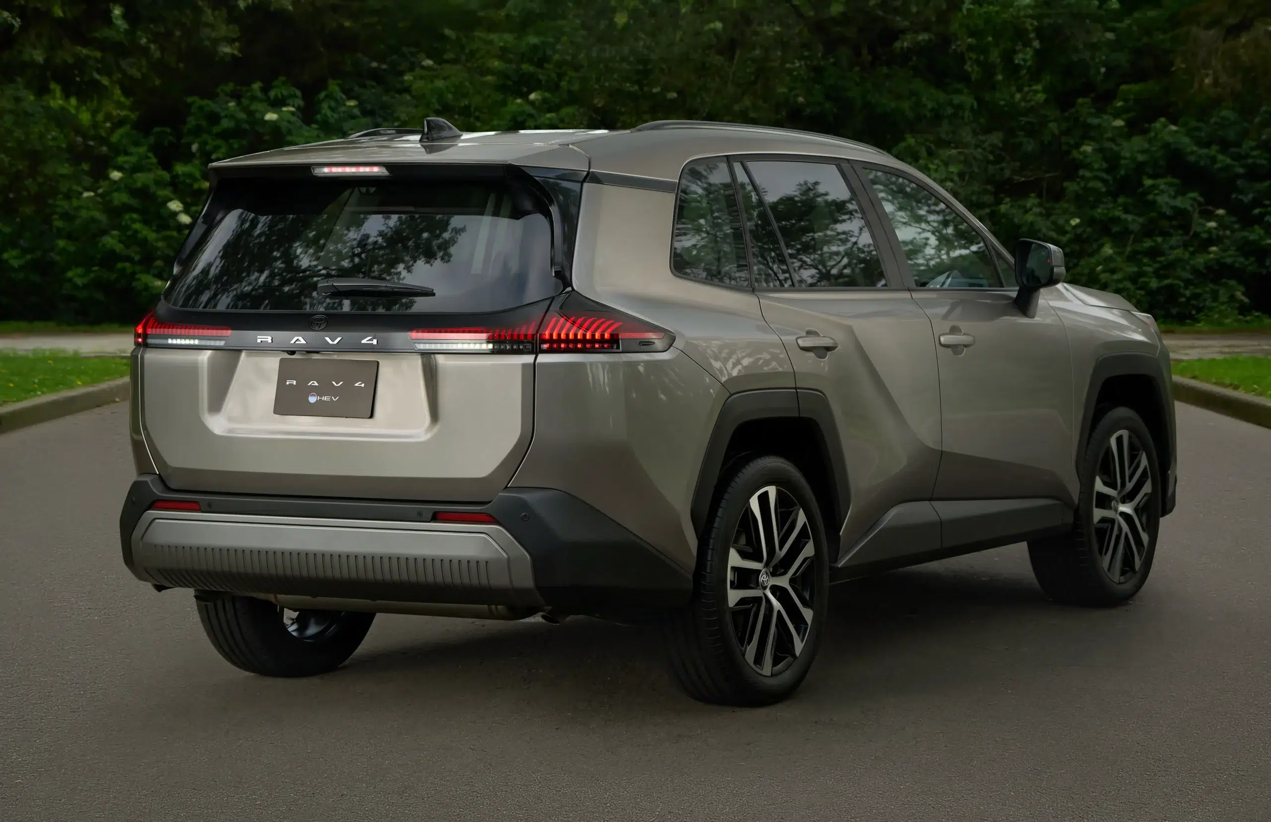 Rear three-quarter view of a silver Toyota RAV4 SUV parked on a road with green trees in the background, showing tail lights and rear design.