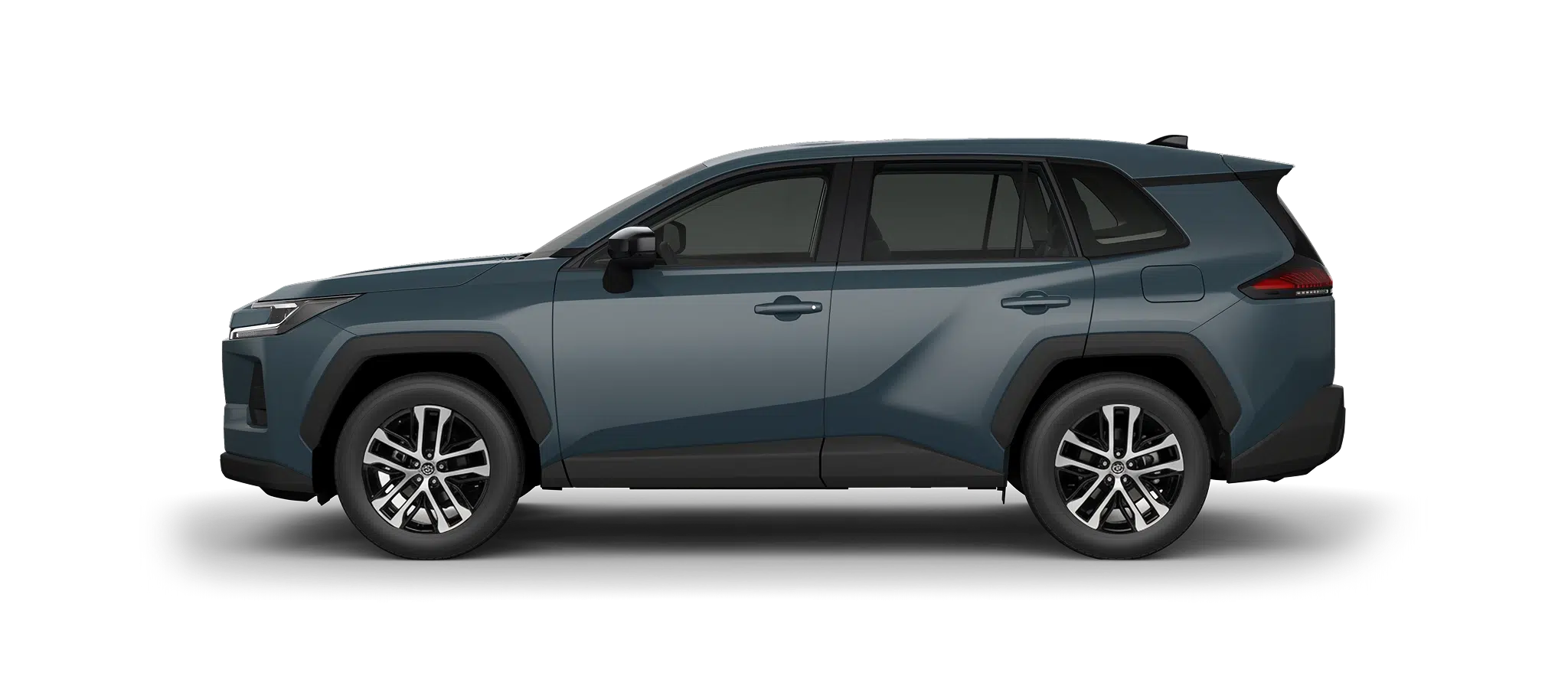 Side view of a blue SUV with gray lower body cladding, featuring alloy wheels and tinted windows.