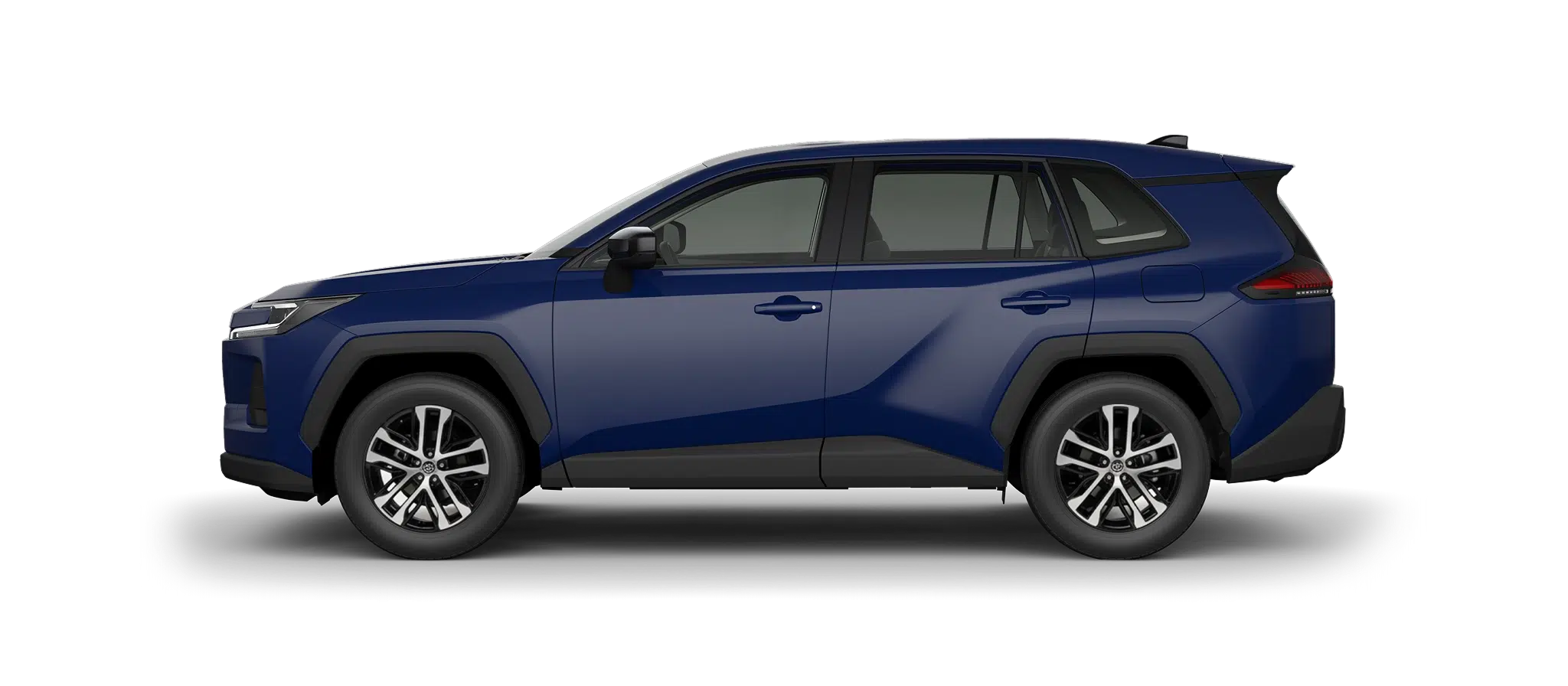 Side view of a dark blue SUV with black cladding and alloy wheels on a black background