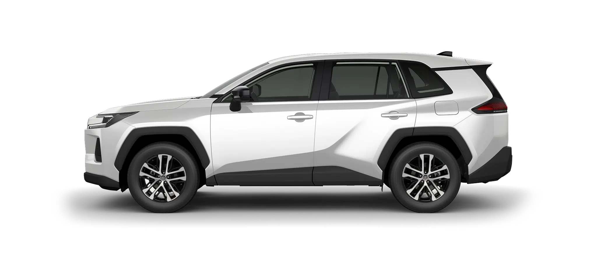Side profile of a white SUV with black wheel arches and alloy wheels on a black background