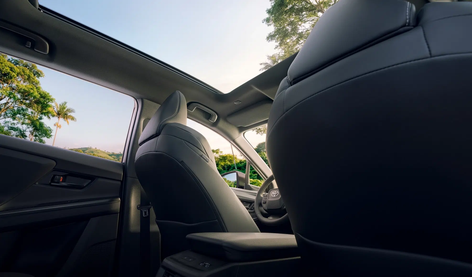 Interior of a car with a panoramic sunroof, showing front seats and a clear view of trees outside on a sunny day.