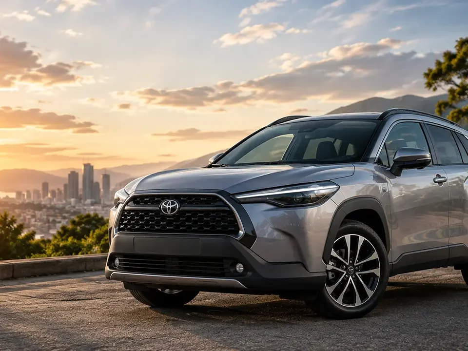 Silver Toyota SUV parked on a hillside road at sunset with a distant city skyline and mountains in the background.
