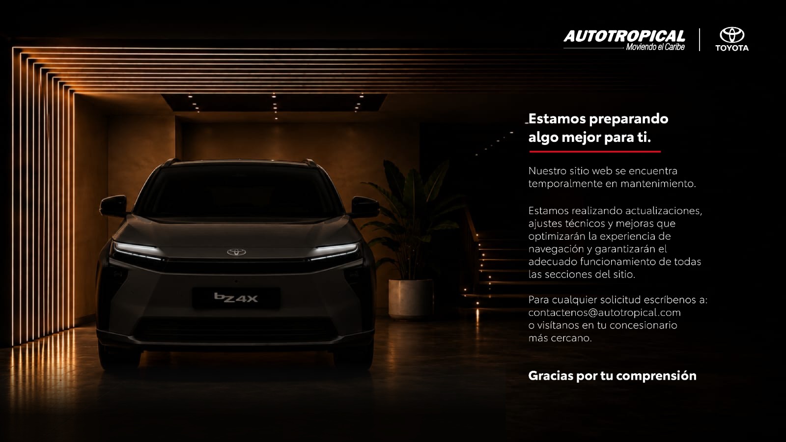Left: a silver Toyota bZ4X in a dark showroom with warm linear lights; right: Spanish text announcing site maintenance and updates.