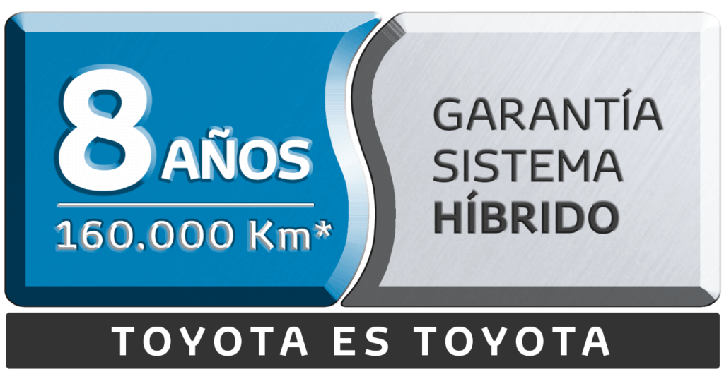 Toyota warranty badge: 8 años, 160.000 Km, hybrid system warranty, 'TOYOTA ES TOYOTA'