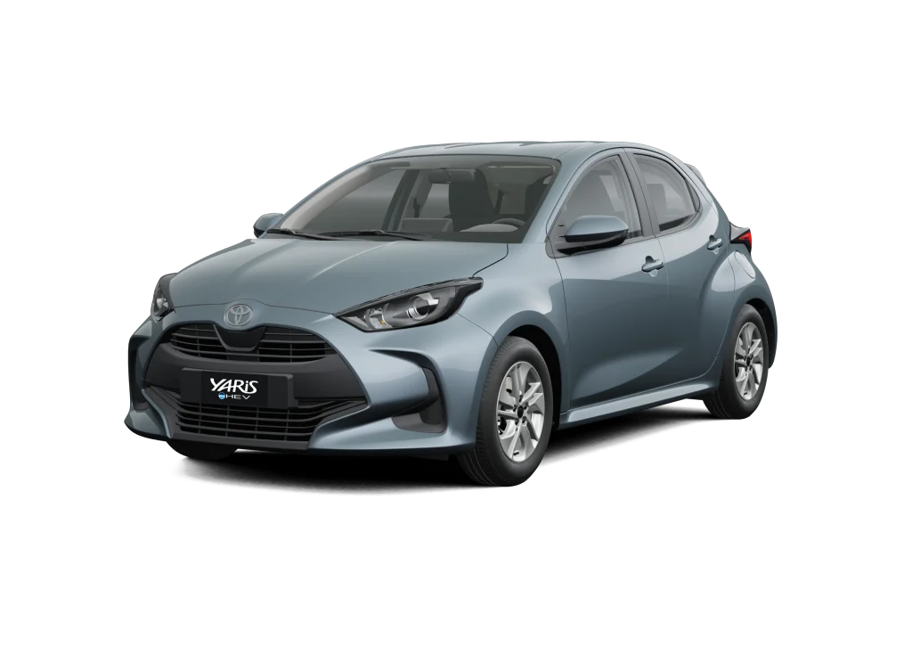 Blue Toyota Yaris Hybrid, three-quarter front view showing grille and headlights against a black background