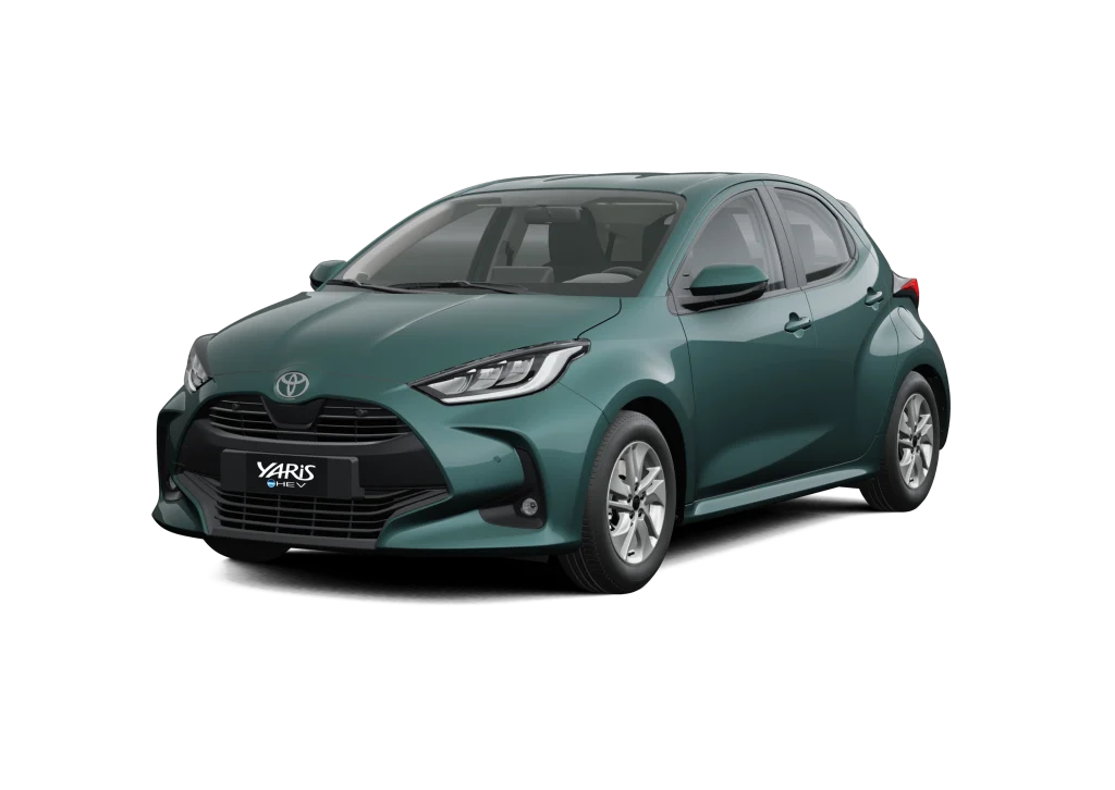 Front three-quarter view of a teal Toyota Yaris Hybrid car against a black background, showing the front grille and headlights.