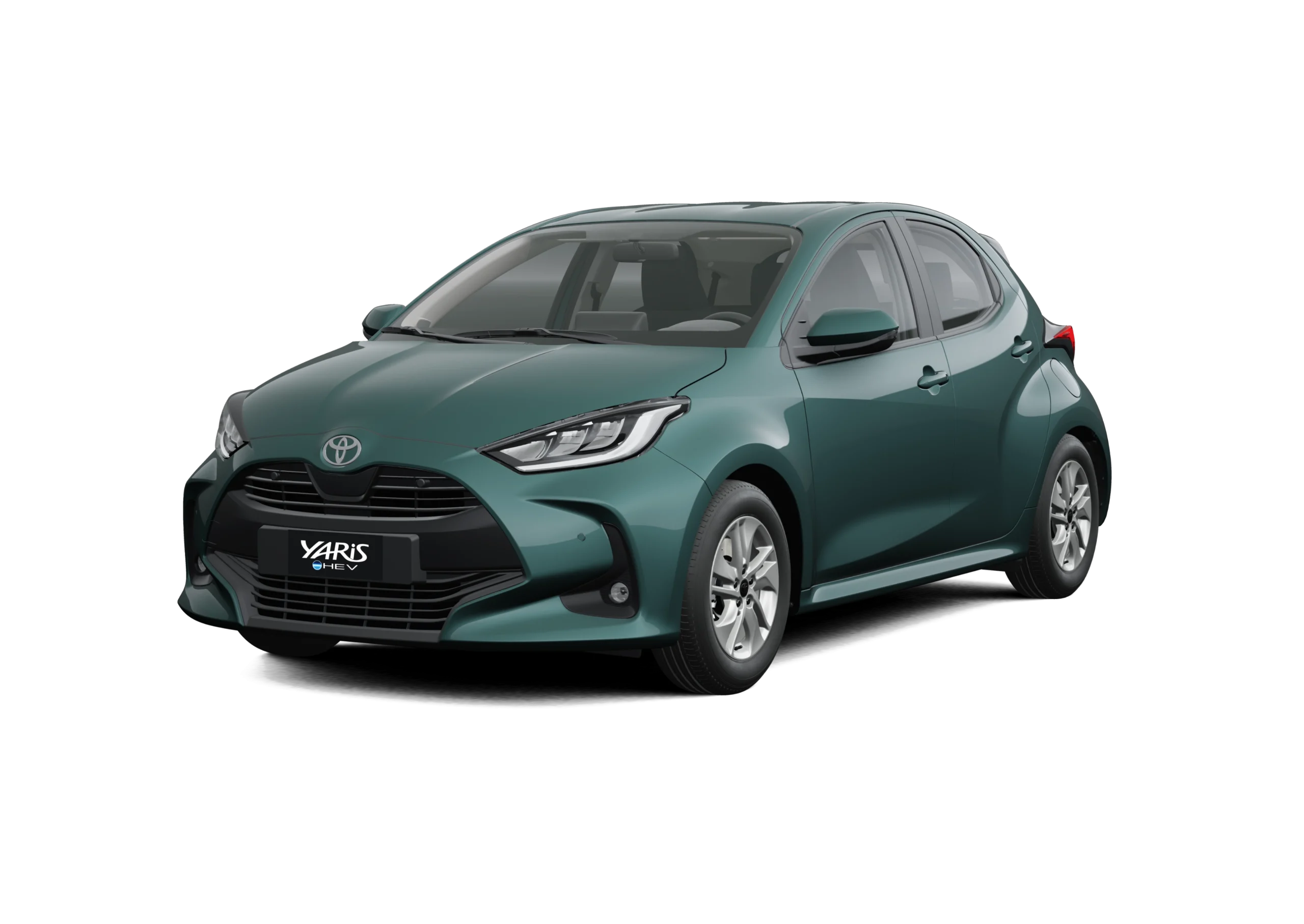 Front three-quarter view of a teal Toyota Yaris Hybrid car against a black background, showing the front grille and headlights.