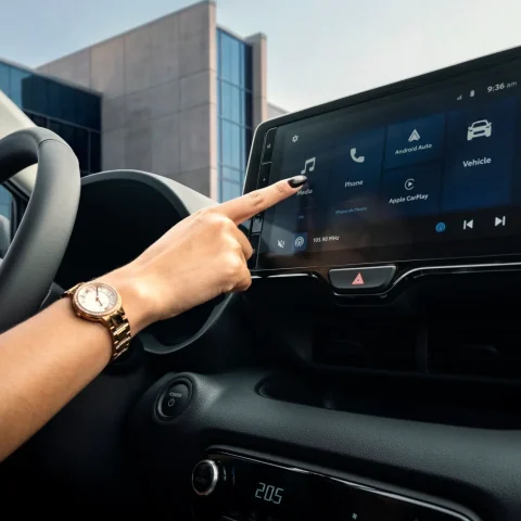 Driver's hand taps the car's large touchscreen displaying Android Auto icons inside a modern vehicle."','In-car infotainment screen activated; icons for Media, Phone, Android Auto visible as a hand interacts."','Driver using a touchscreen dashboard with Android Auto menu in a car cabin."','Steering wheel on the left with a touch-screen dashboard and climate readout below, showing Android Auto icons.