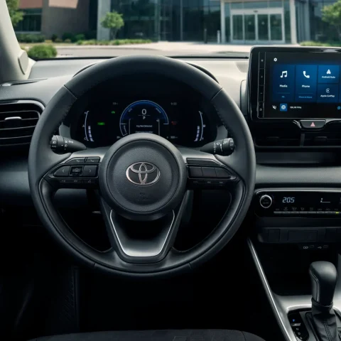 Interior of a car cockpit with a steering wheel and digital instrument cluster, and a widescreen infotainment display on the dashboard showing app icons in blue tones.
