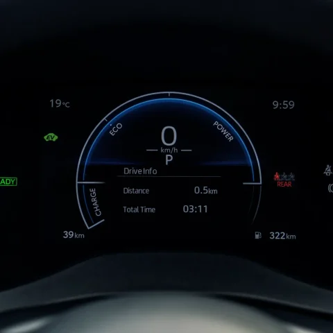 Digital car instrument cluster showing speedometer at 0 km/h, gear in Park, Drive Info text, and status indicators like READY, EV, and rear warning icon; time 9:59 and outside temp 19°C.